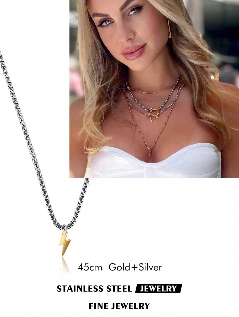 Gold & Silver Lightning Bolt Layered Necklace - Stainless Steel